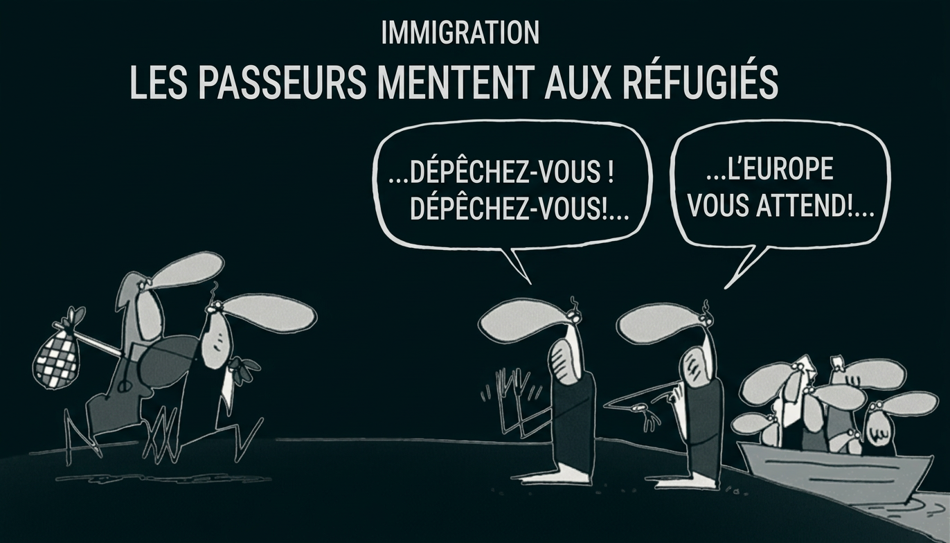 Karikatur über Schleuser, die Flüchtlingen mit falschen Versprechen die Überfahrt nach Europa in Aussicht stellen.